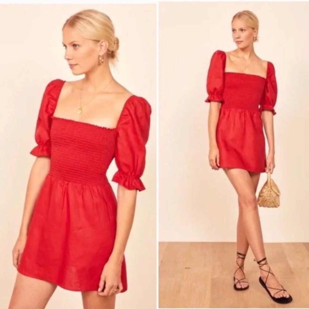 Reformation Red Cerise Linen Mini smocked Dress Puff Sleeve Size XS Milkmaid